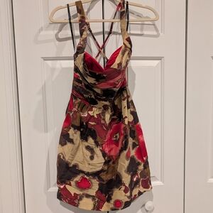 Bebe Vibrant Red And Tan Floral Dress